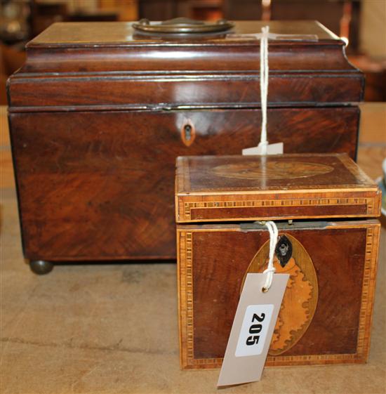 George III mahogany tea caddy & an inlaid tea caddy